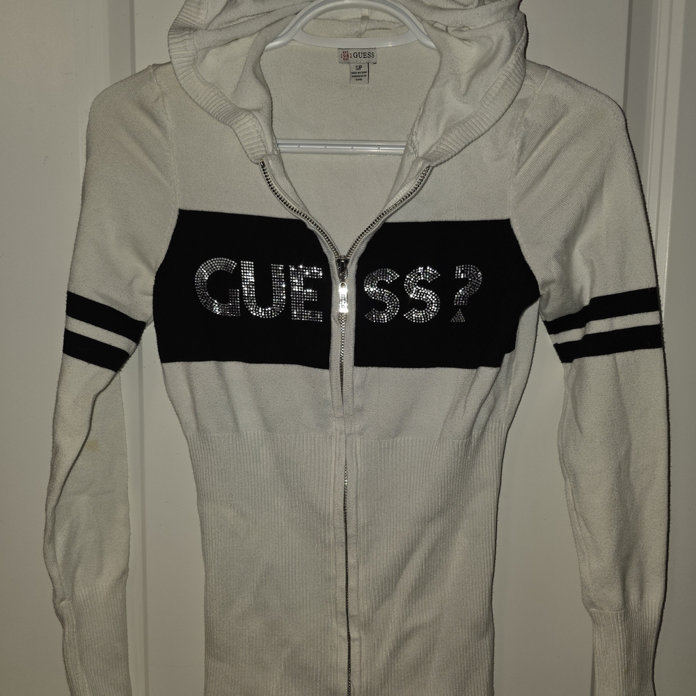 Guess White and Black Zip-Up Hoodie